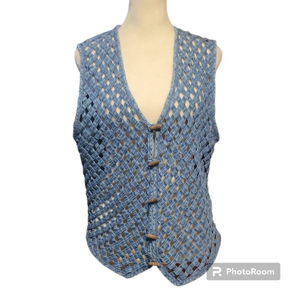 Vintage Van Heusen Medium Wash Lattice Woven Vest with Toggle Buttons Women's Si